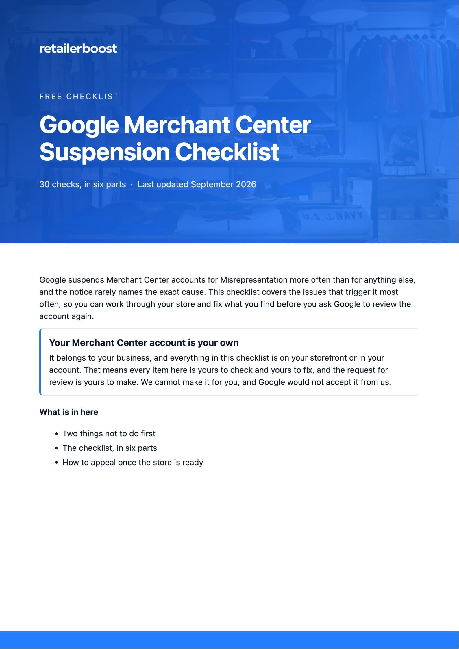 Cover of the RetailerBoost Google Merchant Center Suspension Checklist, a five-page PDF of 30 checks in six parts.