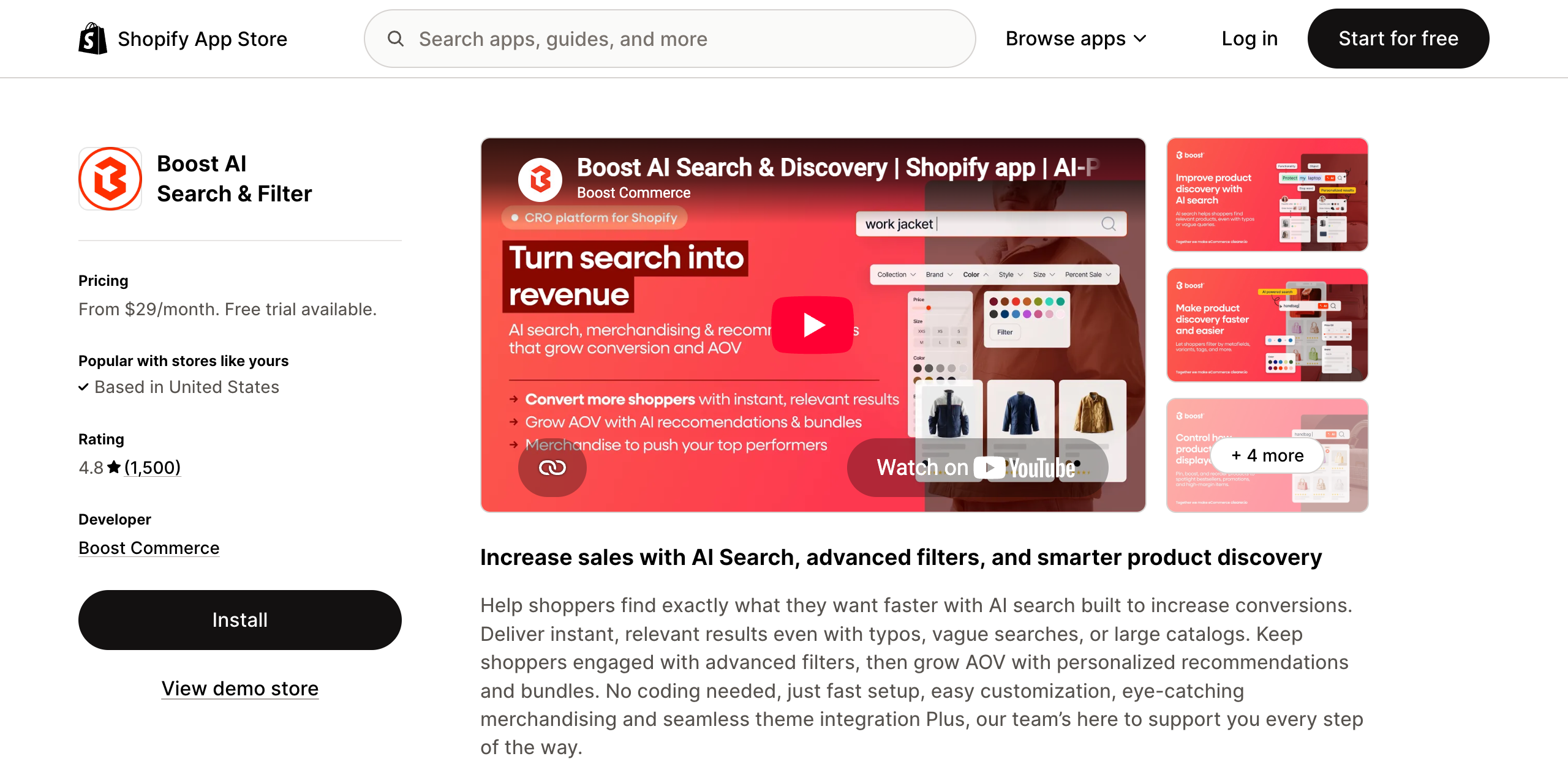 Boost AI Search and Filter listing on the Shopify App Store, rated 4.8 from 1,500 reviews