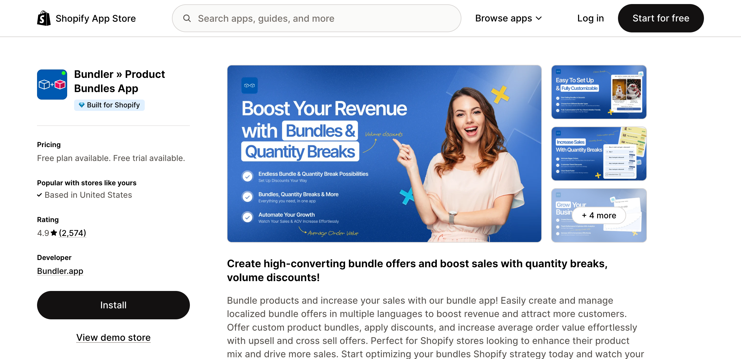 Bundler Product Bundles listing on the Shopify App Store, rated 4.9 from 2,574 reviews