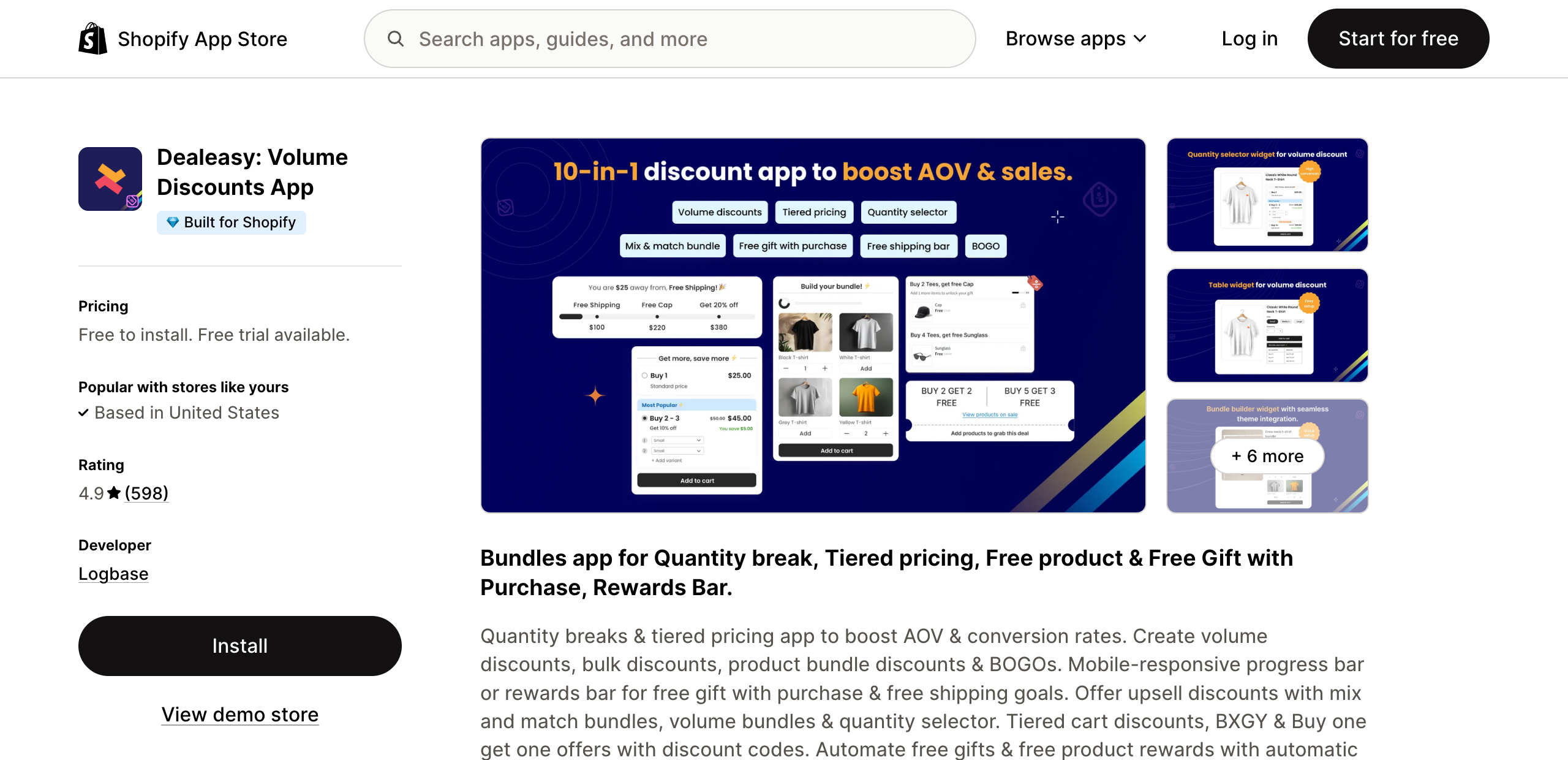 Dealeasy Volume Discounts listing on the Shopify App Store, rated 4.9 from 598 reviews