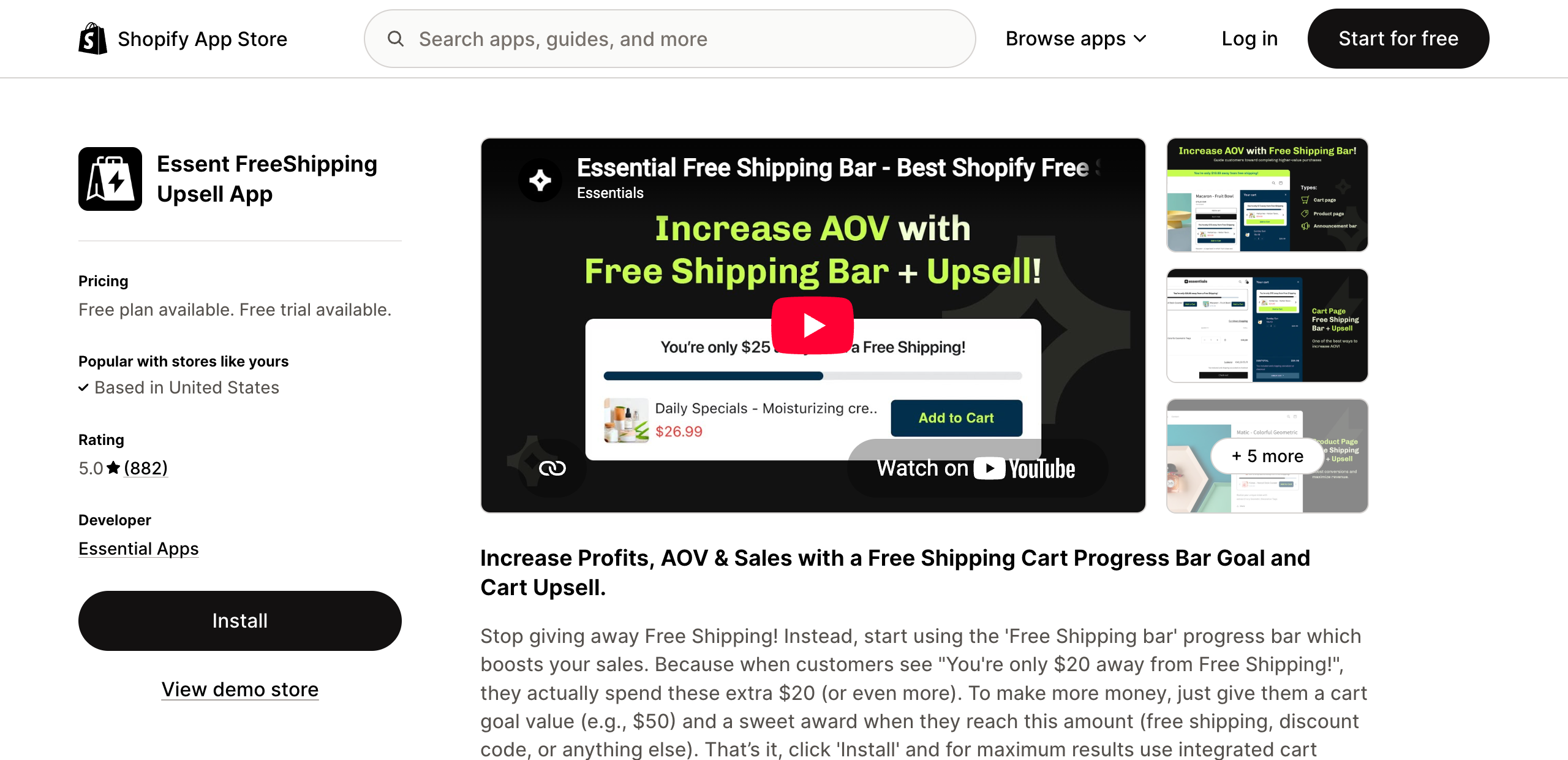 Essential Free Shipping Upsell listing on the Shopify App Store, rated 5.0 from 882 reviews