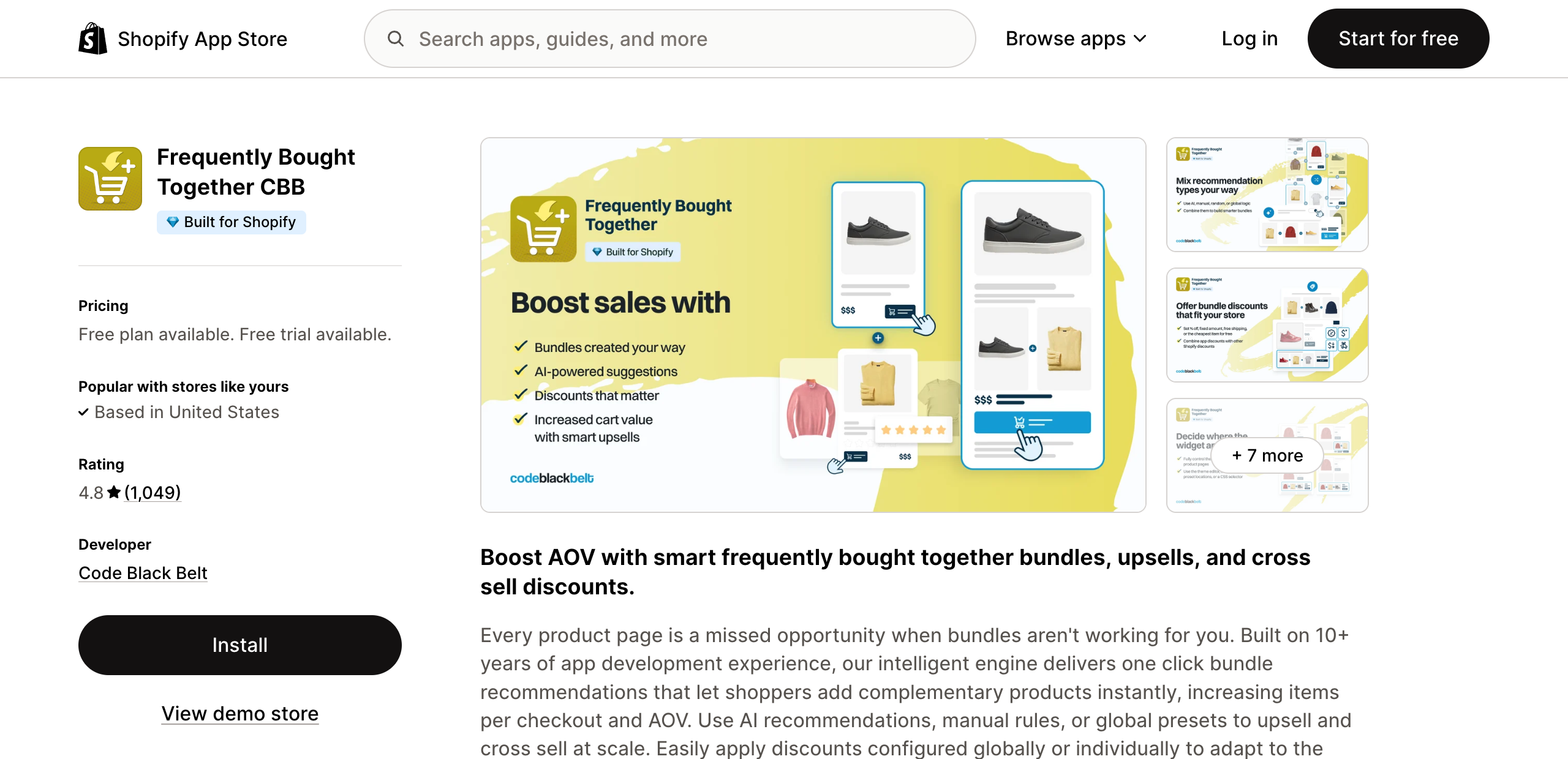 Frequently Bought Together listing on the Shopify App Store, rated 4.8 from 1,049 reviews