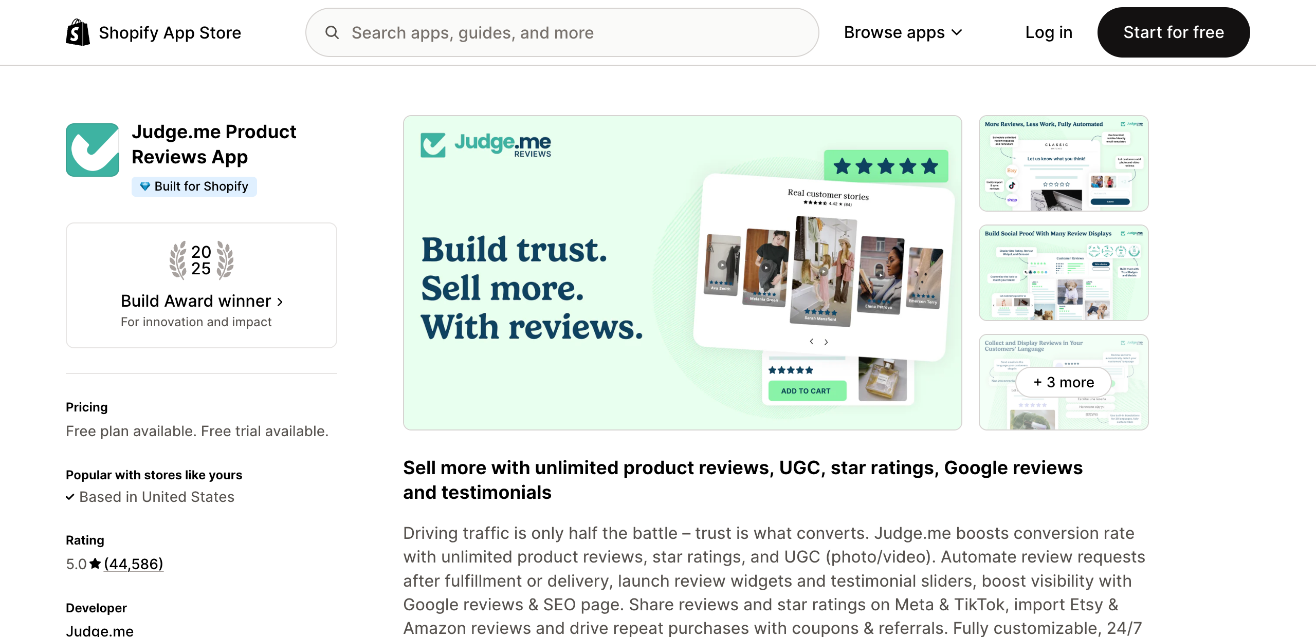 Judge.me Product Reviews listing on the Shopify App Store, rated 5.0 from 44,586 reviews