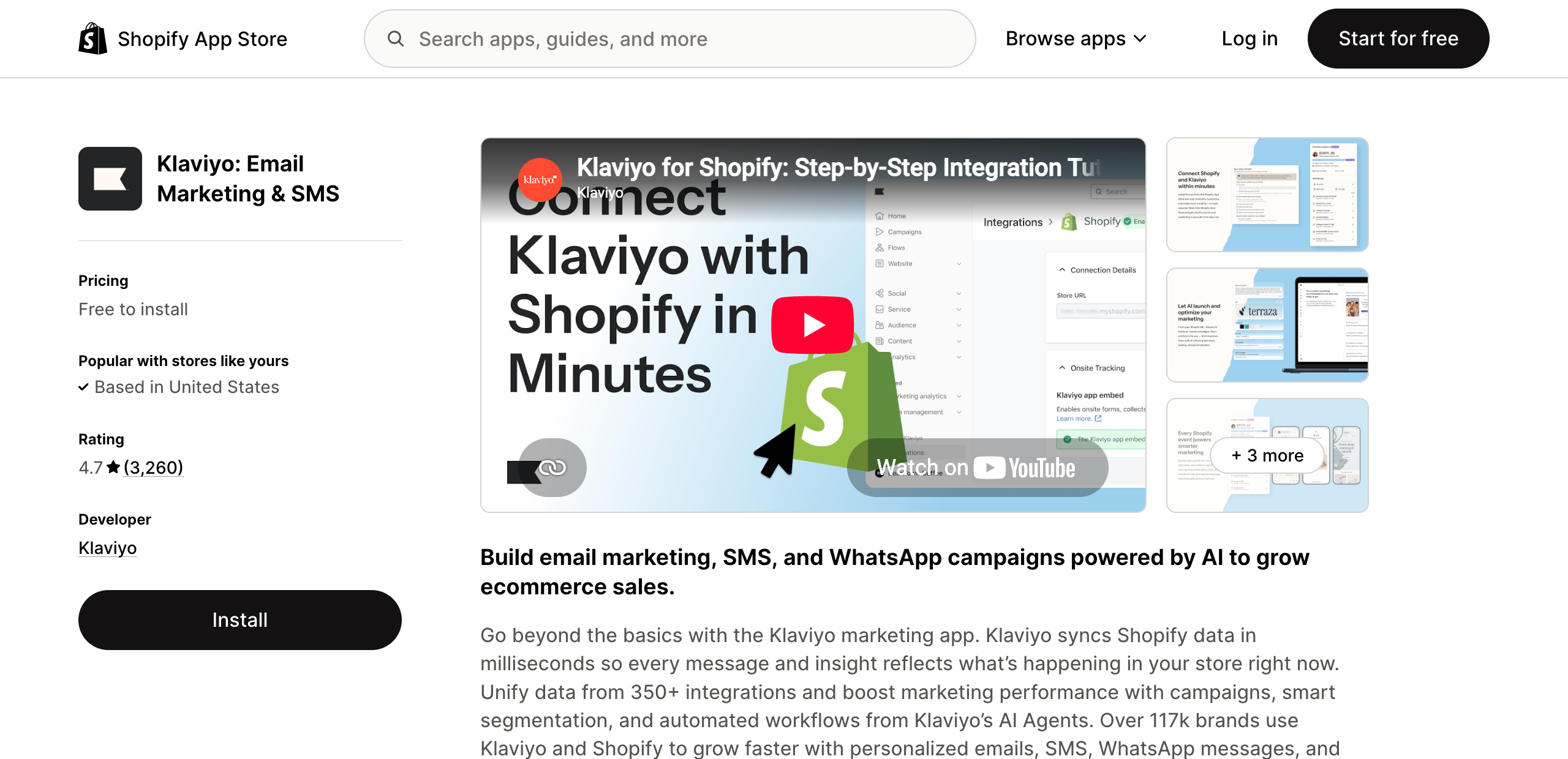 Klaviyo Email Marketing and SMS listing on the Shopify App Store, rated 4.7 from 3,260 reviews