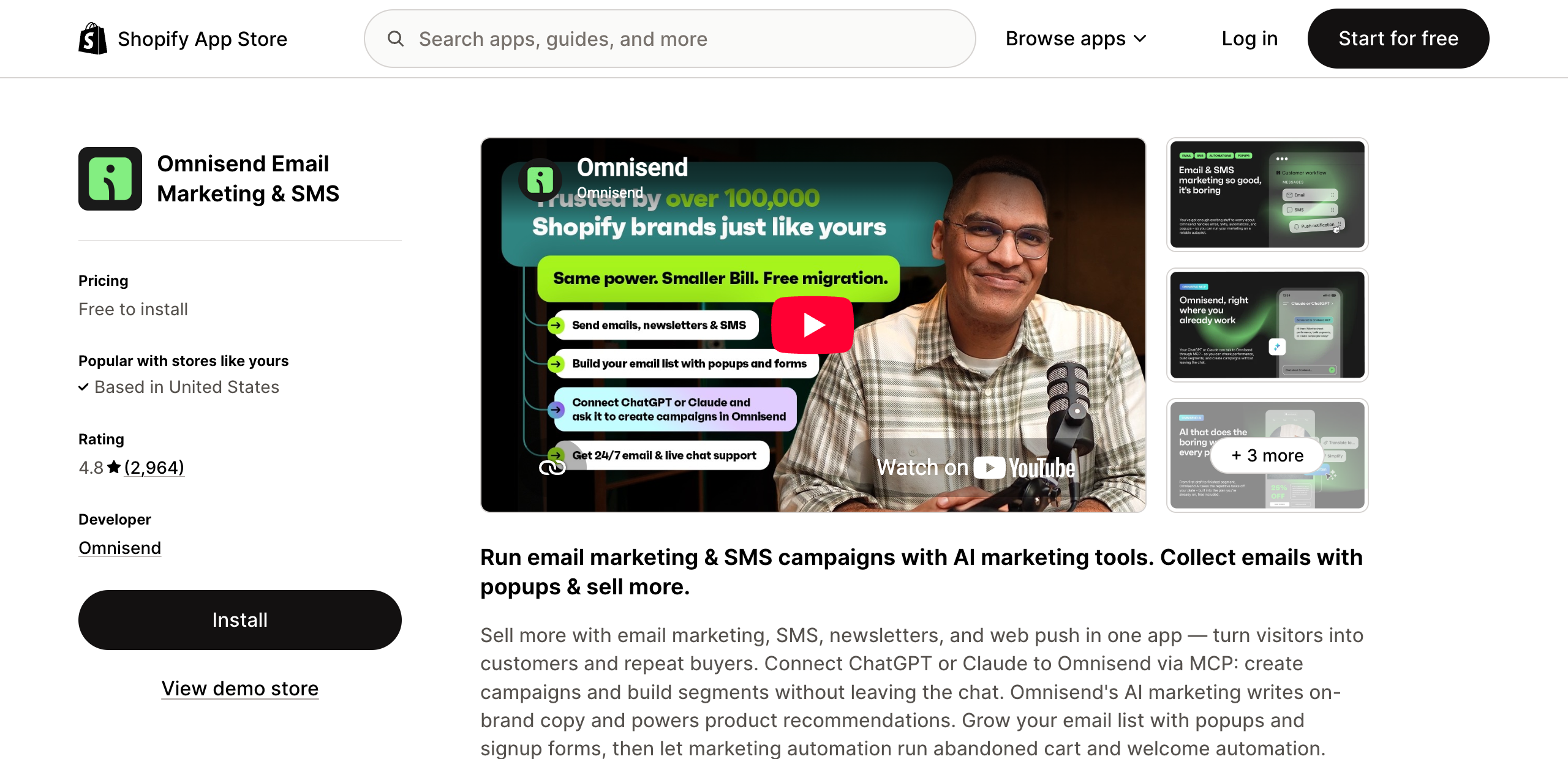 Omnisend Email Marketing and SMS listing on the Shopify App Store, rated 4.8 from 2,964 reviews