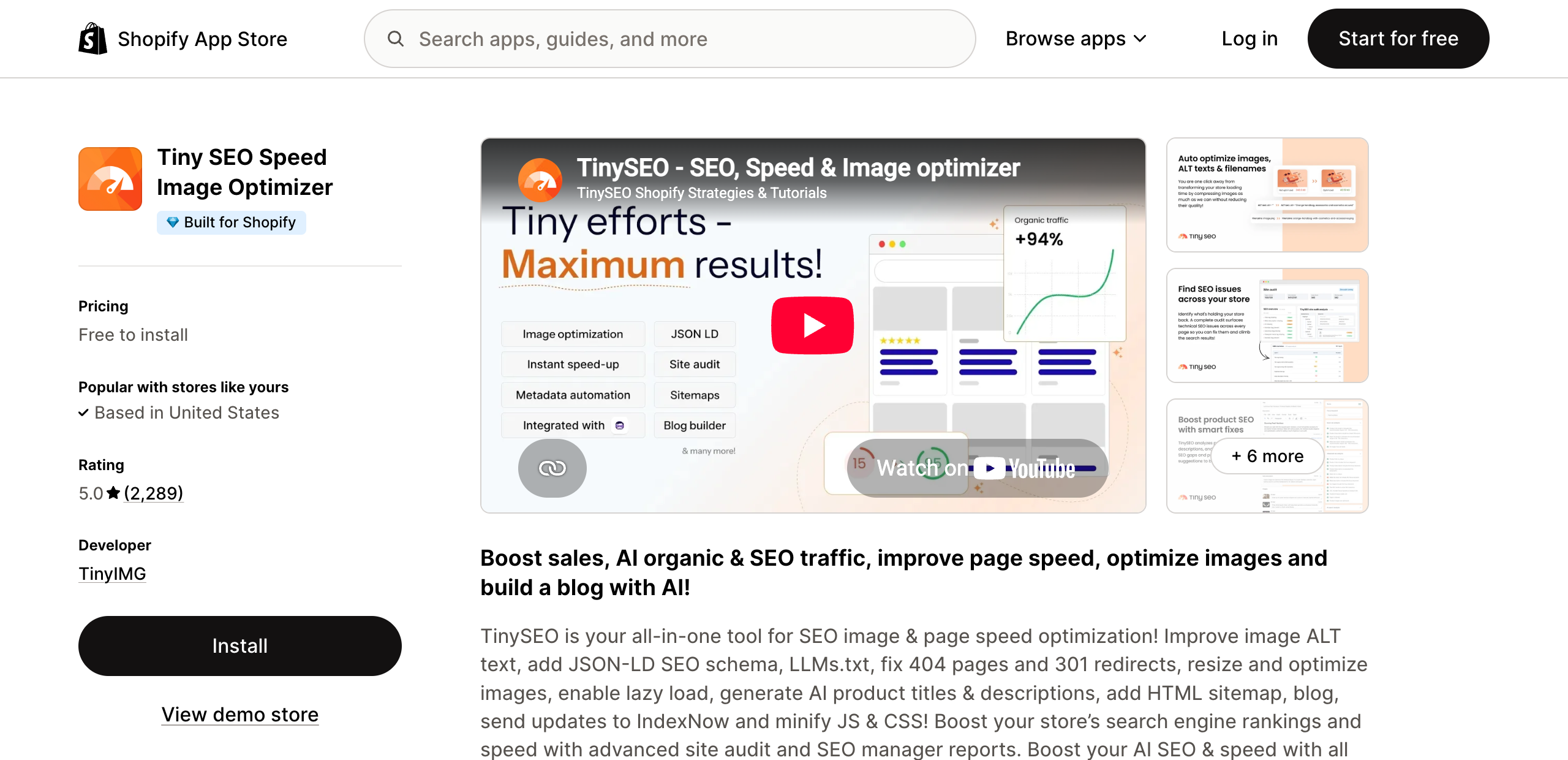 Tiny SEO Speed Image Optimizer listing on the Shopify App Store, rated 5.0 from 2,289 reviews