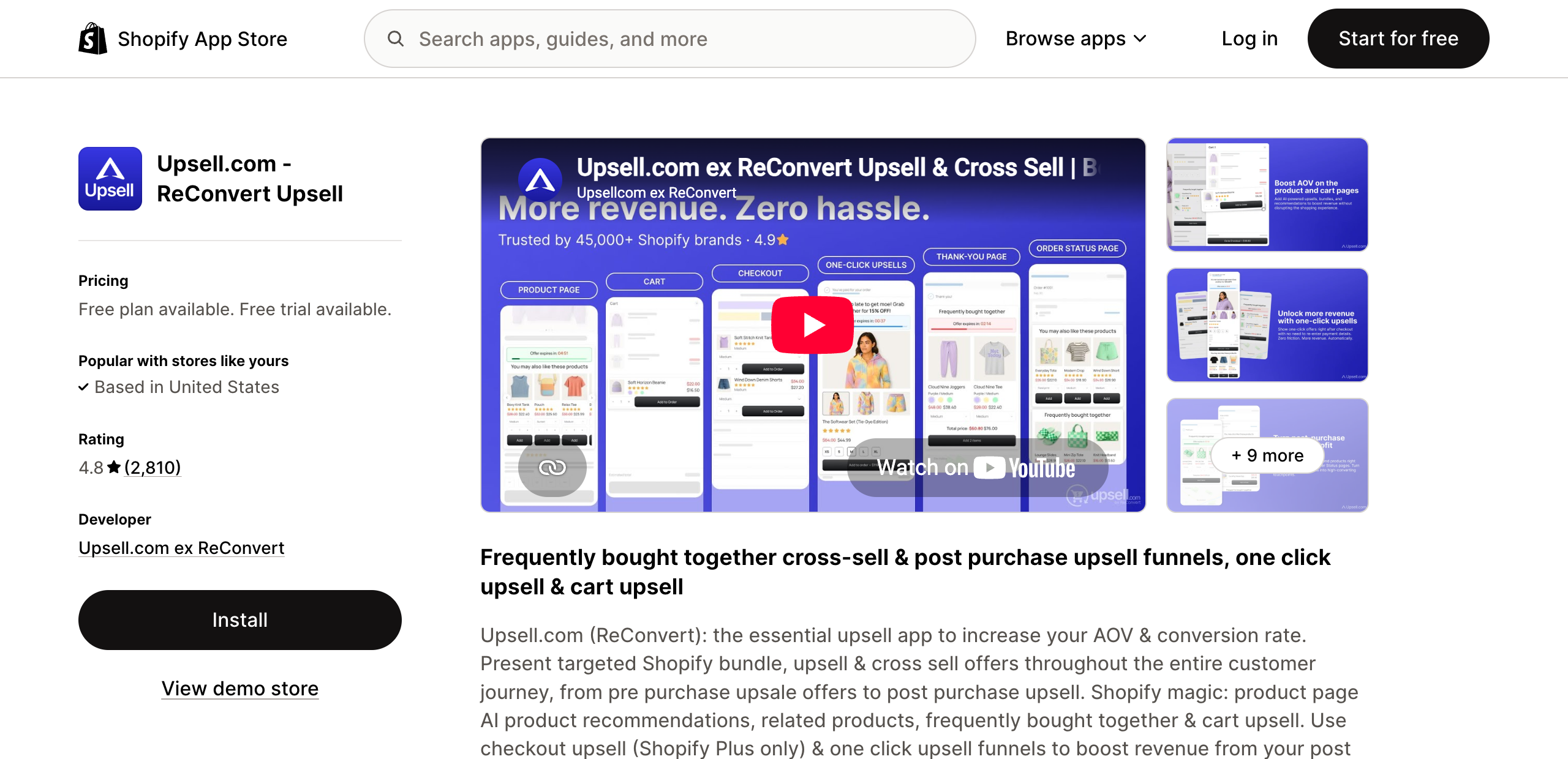 Upsell.com listing on the Shopify App Store, rated 4.8 from 2,810 reviews